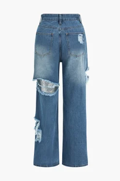 Denim Cut Out Washed Straight Leg Jeans
