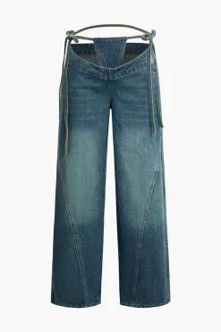 Denim Cut Out Washed Tie-Up Jeans