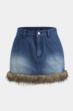 Denim Faux Fur Patchwork Button Skirt