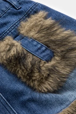 Denim Faux Fur Patchwork Button Skirt