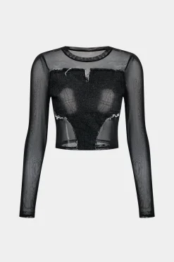 Denim Mesh Patchwork Long Sleeve T-Shirt