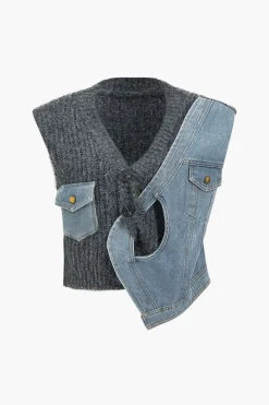 Denim Patchwork Asymmetrical Sweater Vest