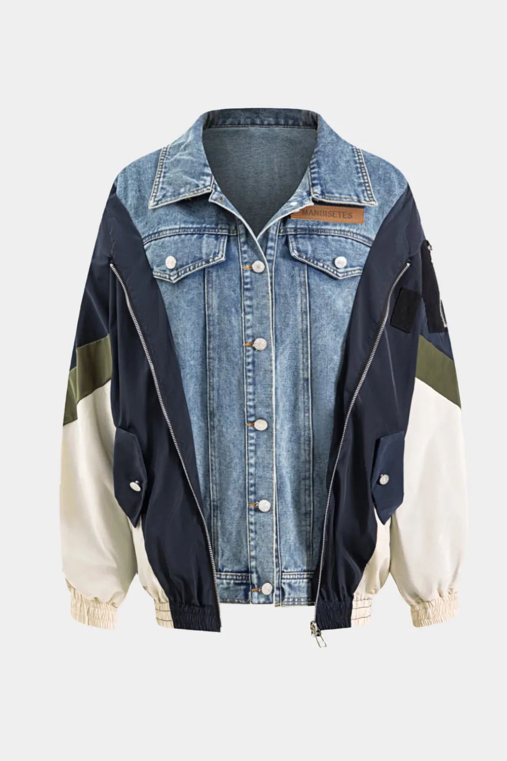 Denim Patchwork Button Pocket Long-Sleeve Coat
