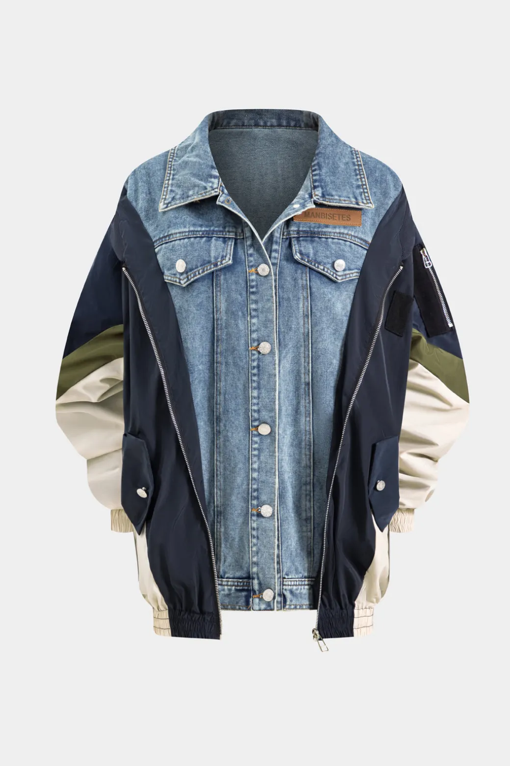 Denim Patchwork Button Pocket Long-Sleeve Coat