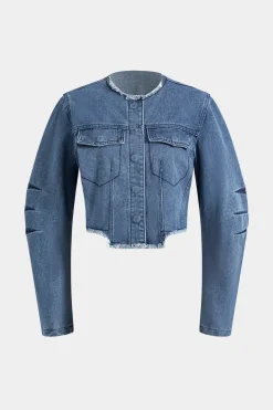 Denim Patchwork Button Round Neck Pocket Outerwear