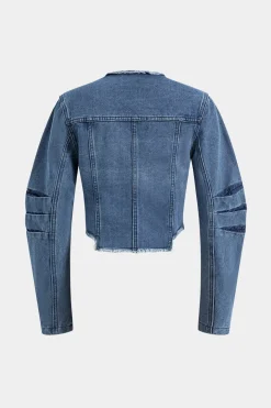 Denim Patchwork Button Round Neck Pocket Outerwear