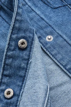 Denim Patchwork Button Round Neck Pocket Outerwear