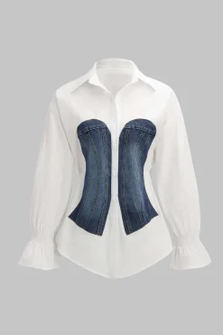Denim Patchwork Corset Waist Long-Sleeve Shirt