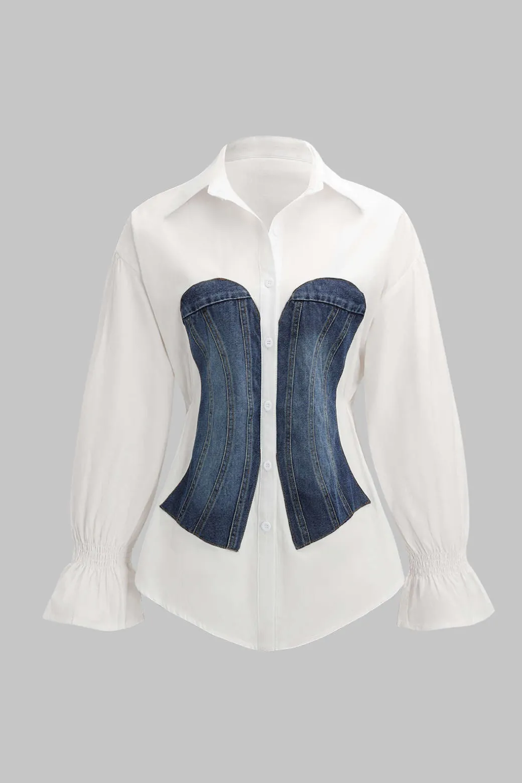 Denim Patchwork Corset Waist Long-Sleeve Shirt