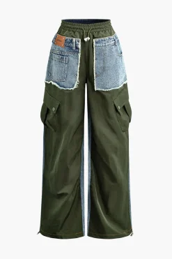 Denim Patchwork Flap Pocket Drawstring Cargo Jeans