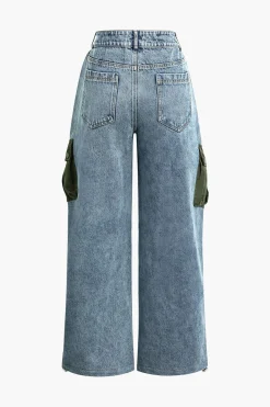 Denim Patchwork Flap Pocket Drawstring Cargo Jeans