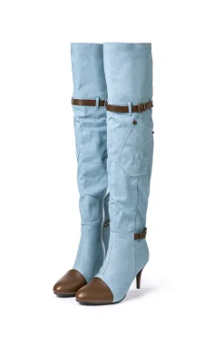 Denim Patchwork High Heel Almond Toe Over The Knee Boots