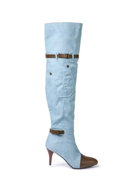 Denim Patchwork High Heel Almond Toe Over The Knee Boots