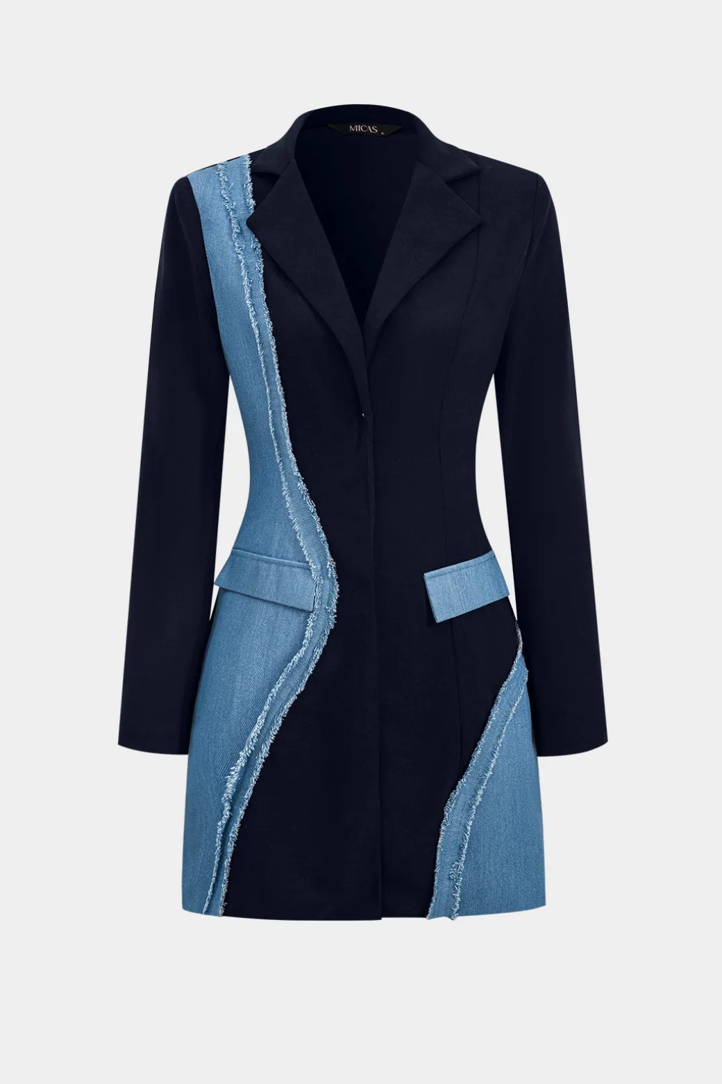 Denim Patchwork Long Sleeve Blazer Suit Mini Dress