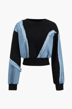 Denim Patchwork Long Sleeve Top And Wide Leg Trousers Set