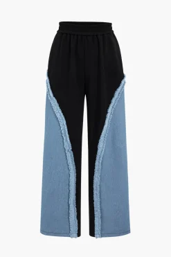 Denim Patchwork Long Sleeve Top And Wide Leg Trousers Set