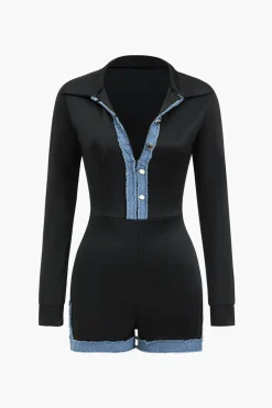 Denim Patchwork Long Sleeve Button Romper