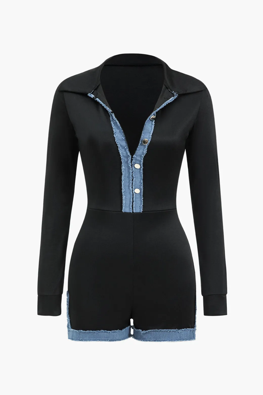 Denim Patchwork Long Sleeve Button Romper