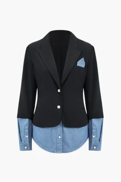 Denim Patchwork Notched Lapel Blazer