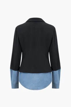 Denim Patchwork Notched Lapel Blazer