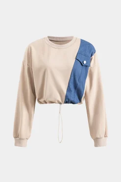 Denim Patchwork Pocket Drawstring Top And Trousers Set