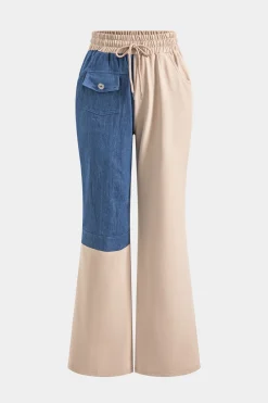 Denim Patchwork Pocket Drawstring Top And Trousers Set