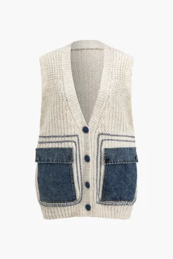 Denim Patchwork Pocket Sweater Vest