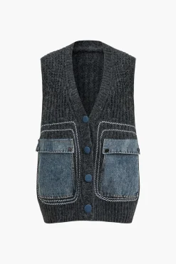 Denim Patchwork Pocket Sweater Vest