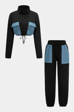 Denim Patchwork Pocket Tie-Up Top And Trousers Set