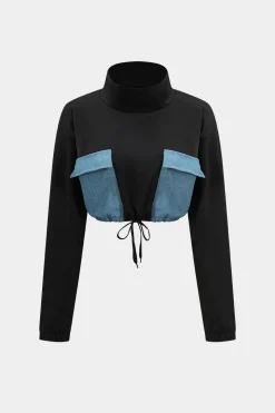 Denim Patchwork Pocket Tie-Up Top And Trousers Set
