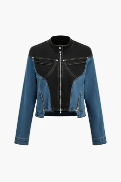 Denim Patchwork Pocket Zipper Outerwear