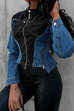 Denim Patchwork Pocket Zipper Outerwear