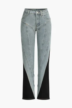 Denim Patchwork Straight Leg Jeans