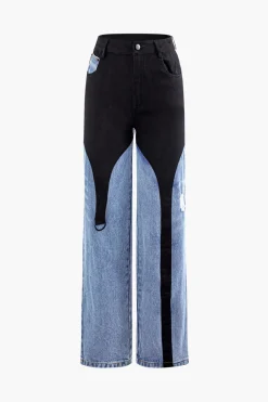 Denim Patchwork Straight Leg Jeans