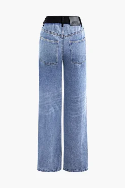 Denim Patchwork Straight Leg Jeans