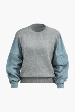 Denim Patchwork Sweater Long-Sleeve Top