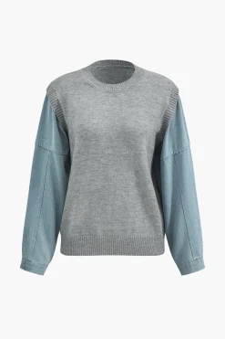 Denim Patchwork Sweater Long-Sleeve Top