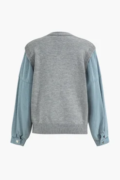 Denim Patchwork Sweater Long-Sleeve Top