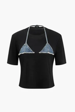 Denim Patchwork T-shirt And Skirt Set