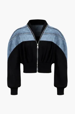 Denim Patchwork Zipper Jacket