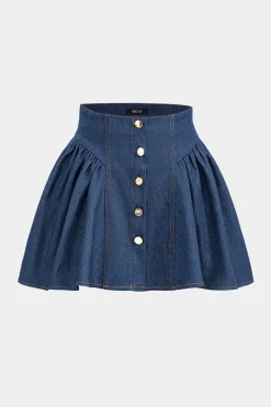 Denim Ruched Button High Waist Skirt