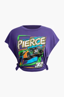 Digital Pattern Print Racing Car Knotted Round Neck T-Shirt