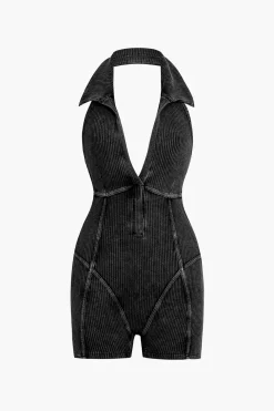Distressed Backless Halter V-neck Romper