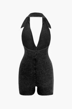Distressed Backless Halter V-neck Romper