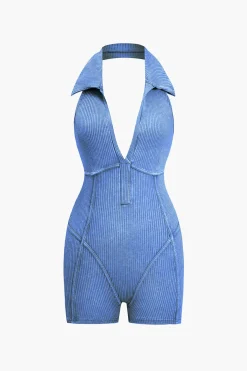 Distressed Backless Halter V-neck Romper