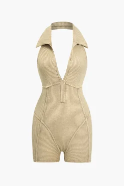 Distressed Backless Halter V-neck Romper