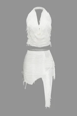 Distressed Halter Cami Top And Asymmetrical Mini Skirt Set