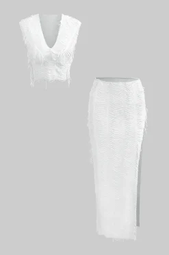 Distressed V-neck Cap Sleeve Crop Top And Slit Maxi Skirt Set