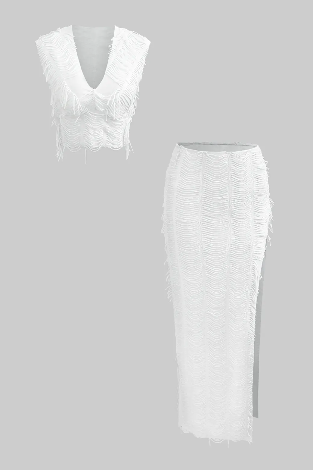 Distressed V-neck Cap Sleeve Crop Top And Slit Maxi Skirt Set