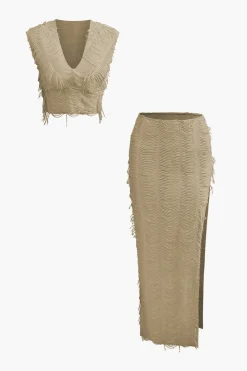 Distressed V-neck Cap Sleeve Crop Top And Slit Maxi Skirt Set